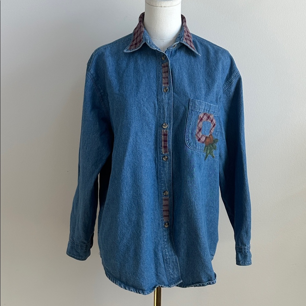 Womens Denim Upcycled Patchwork Ohio State Buckeyes Casual Button Down Shirt Med